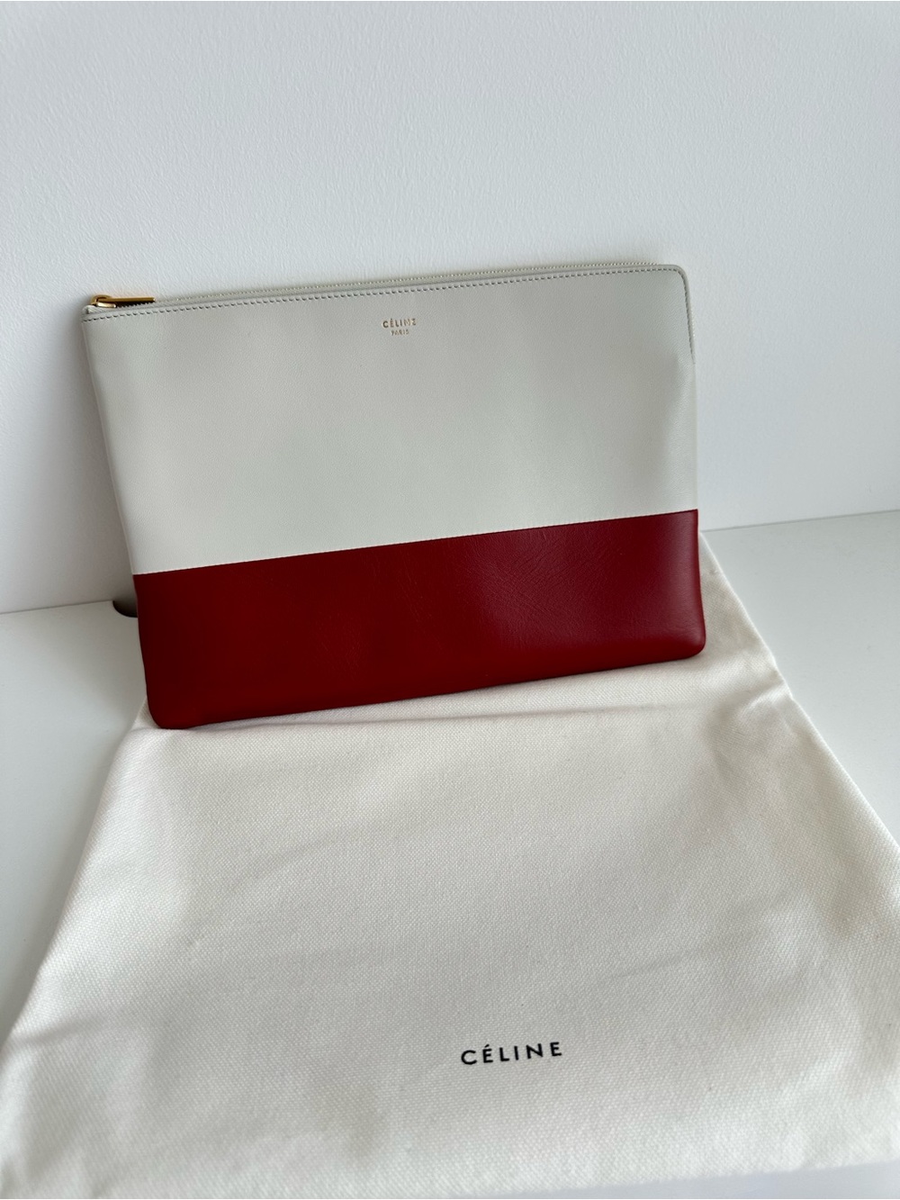 Celine White and Deep Red Leather Pouch